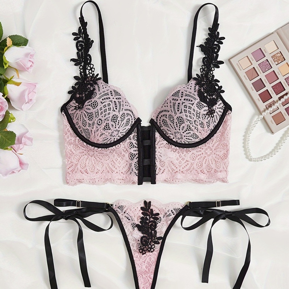 Pink and Black Lace Lingerie Set
